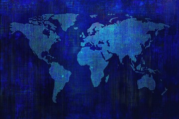 Poster - World map formed by digital code on a dark blue background. Illustrates global connectivity, data flow, or digital world concepts.