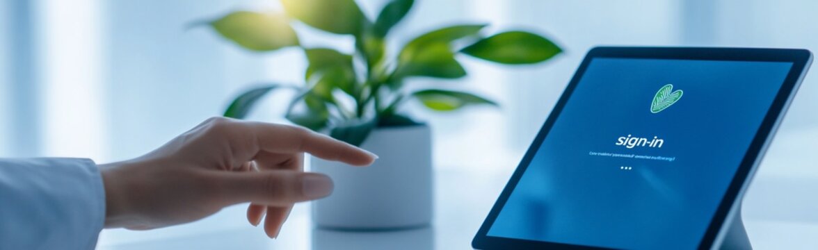 Close-up of hand interacting with tablet screen, plant in background.