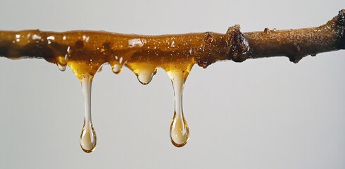 Amber resin dripping from tree branch.
