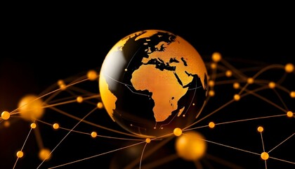 Poster - A golden globe with network connections on a black background, symbolizing global technology, communication, and the internet. Ideal for representing modern connectivity and digital networks
