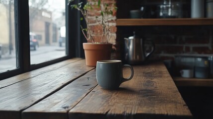 Grey coffee mug on rustic wooden table by window.