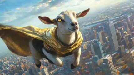 Wall Mural - A super goat soaring over a cityscape.