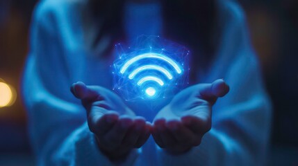 Aufkleber - woman holding glowing wifi symbol in hands, futuristic technology, digital connection concept, inter