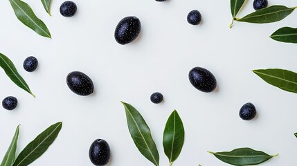 Poster - black olives with green leaves on white background generative ai