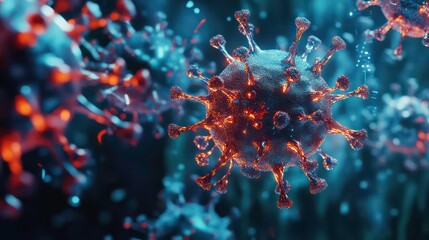 Poster - A digital representation of a virus outbreak with rising data trends, symbolizing the impact of COVID-19 on health metrics.
