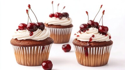Poster - Beautifully Arranged Cherry Topped Cupcakes Generative AI