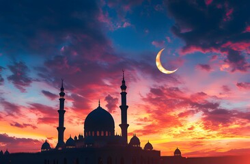 Wall Mural - Mosque Silhouette Against Vibrant Sunset Sky