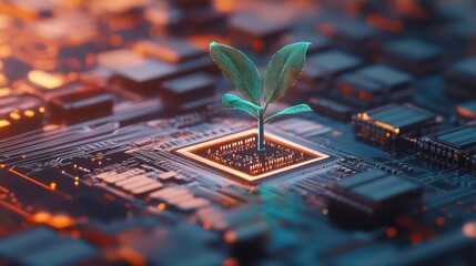 Aufkleber - A holographic organic plant grows atop a computer chip, reflecting eco friendly innovation in sustainable Responsible Investing, SRI investing, ESG