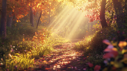 Wall Mural - Golden sunlight filters through trees in a peaceful autumn forest path