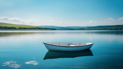 Naklejka na meble Tranquil boat anchored on still waters in a serene lakeside landscape