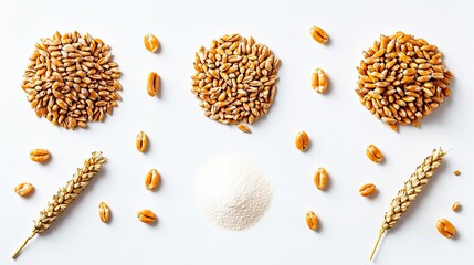 Poster - Piles of Wheat Flour and Grain on White Background Generative AI