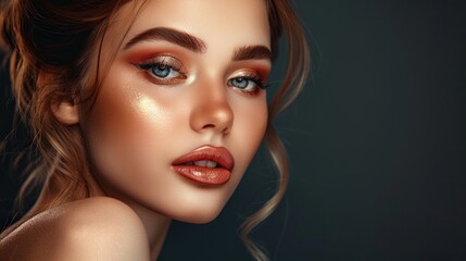  Portrait of beautiful young woman with glamorous makeup in studio, AI generated image