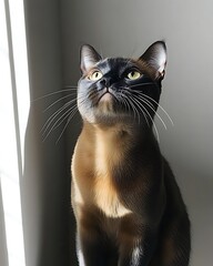 Poster - A beautiful Burmese cat sits near a window, gazing upwards in sunlight.