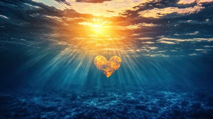 Wall Mural - A serene underwater view with light beams illuminating a heart shape in the ocean depths at sunset