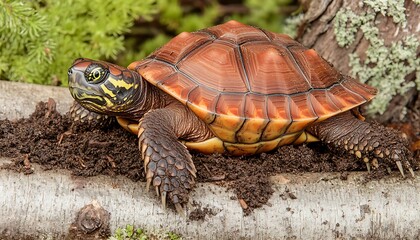 Wall Mural - A close-up of a vibrant painted turtle on a log, surrounded by earth and moss.