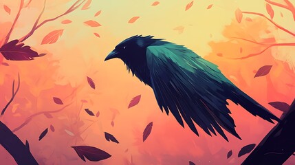 Poster - A crow perched on a branch amidst falling autumn leaves, sunset.