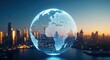 © edisetiawan.id - Futuristic World Data Connectivity Digital Globe with Global Analytics and High-Tech Cityscape.