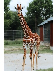 Wall Mural - A young giraffe stands in a zoo enclosure, looking directly at the camera.