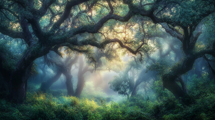 Wall Mural - Enchanted forest with mist and greenery at sunrise revealing nature's beauty