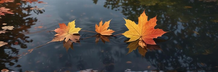 Wall Mural - A single maple leaf gently drifting across the calm surface of a pond during autumn, driftwood, maple leaf, water
