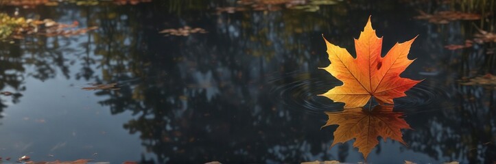 Wall Mural - A single maple leaf gently drifting across the calm surface of a pond during autumn, peaceful, ripples