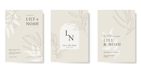 Wall Mural - elegant wedding invitation card background vector. minimal hand drawn flower line art template backg