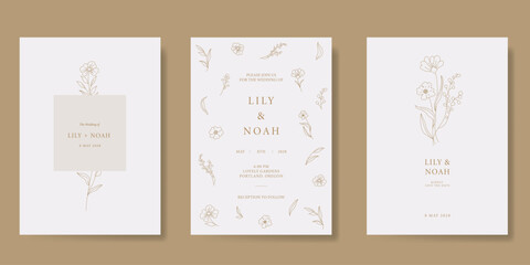 Wall Mural - elegant wedding invitation card background vector. minimal hand drawn flower line art template backg