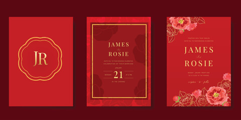 Wall Mural - red chinese wedding card vector set. luxury invitation card design with gold line peony flower, leaf