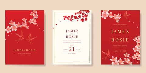 Wall Mural - red chinese wedding card vector set. luxury invitation card design with cherry blossom flower, crane