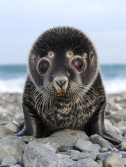 Wall Mural - Adorable baby seal pup on rocky beach, ocean background.