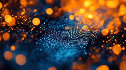 Poster - Abstract Blue Fingerprint Mesh Network and Data Flow in Cyberspace with Orange and Yellow Bokeh