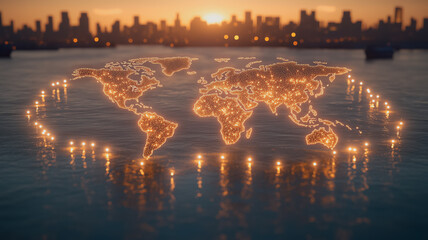 Poster - Global Connection: A glowing, intricate world map illuminated against a backdrop of a city skyline at sunset, symbolizing global interconnectedness, communication, and collaboration.