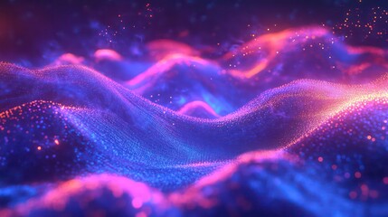 Abstract digital waves in neon blue, pink, and orange colors with glowing particles.