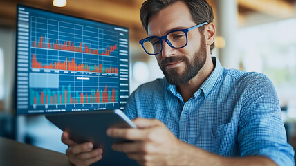 Poster - data analysis focus: a focused businessman reviews data on a tablet, a large screen displaying dynam