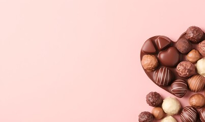 Wall Mural - Assorted chocolates arranged in a heart shape on pink background.