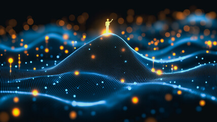 Poster - Apex of Innovation: A stylized, glowing figure stands triumphantly atop a data-wave peak, symbolizing achievement and technological advancement in a futuristic, abstract landscape.
