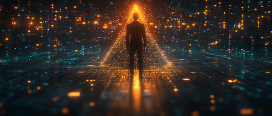 Poster - The Unknown Journey: A silhouette of a person walks towards a bright, triangular light emanating from a futuristic landscape, surrounded by shimmering particles.
