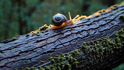 Poster - Snail on mossy tree bark in forest sunlight, nature tranquility and slow beauty concept