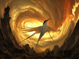 Canvas Print - Bird soaring in a swirling, fiery sunset sky above a rocky landscape.