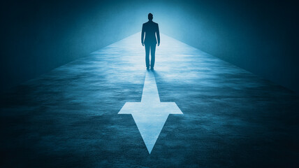Poster - The Path Forward: A lone figure walks confidently towards a bright light at the end of a path marked by a large arrow, symbolizing progress, determination and a journey towards success.