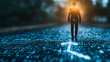© CreativeIMGIdeas - The Path Forward: A lone figure walks towards a bright light at the end of a road paved with intricate data streams, symbolizing progress and innovation in a digital world.