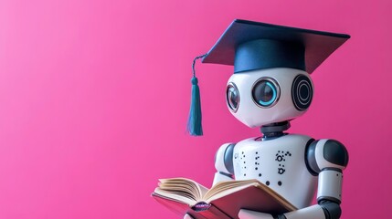 Poster - ai robot in graduation cap with book, education concept on colored background