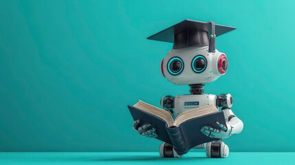 Poster - ai robot in graduation cap with book, education concept on colored background