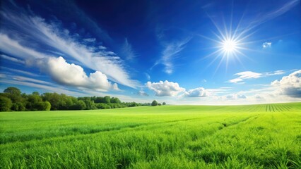 Sticker - Lush green field under a clear blue sky on a sunny day , green field, blue sky, sunny, nature, outdoors, serene, peaceful