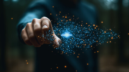 Poster - Digital Touch: A hand reaches out, fingertips seemingly manipulating a vibrant, swirling nebula of blue and gold digital particles.  The image evokes a sense of innovation and technological mastery. 