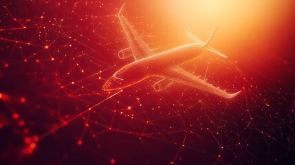 Poster - Airplane Network Connection Lines On Red Technology Background, Data Travel Concept. 3D Rendering