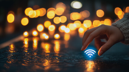 Poster - Connecting the World: A hand reaches out towards a glowing blue Wi-Fi symbol on a dark, bokeh background. The image evokes a sense of connection, accessibility.