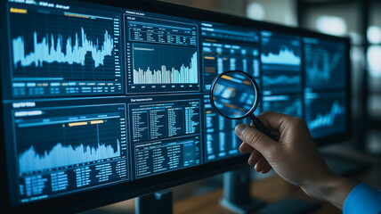 Poster - Data Analysis Under Scrutiny: A close-up of a hand using a magnifying glass to examine detailed financial charts on a computer screen. The image portrays a sense of focus, precision.