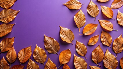 Sticker - Dry orange metallic leaves forming a beautiful pattern on a vibrant violet background ,  autumn, fall, nature, metallic leaves