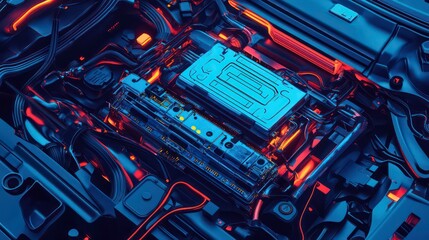 Aufkleber - An illustration of an electric car lithium battery pack with power connections, showcasing the core of modern automotive technology in vibrant blue tones